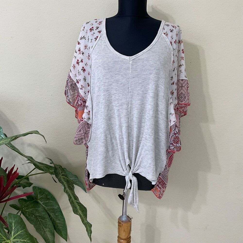 Hummingbird Boho blouse top women’s M mixed media V Neck tie waist flutter sleev
